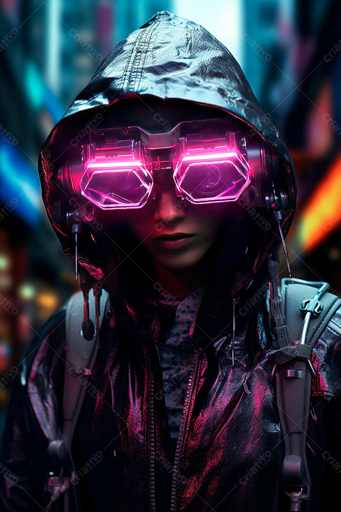 Mulher futurista com óculos neon em cidade noturna