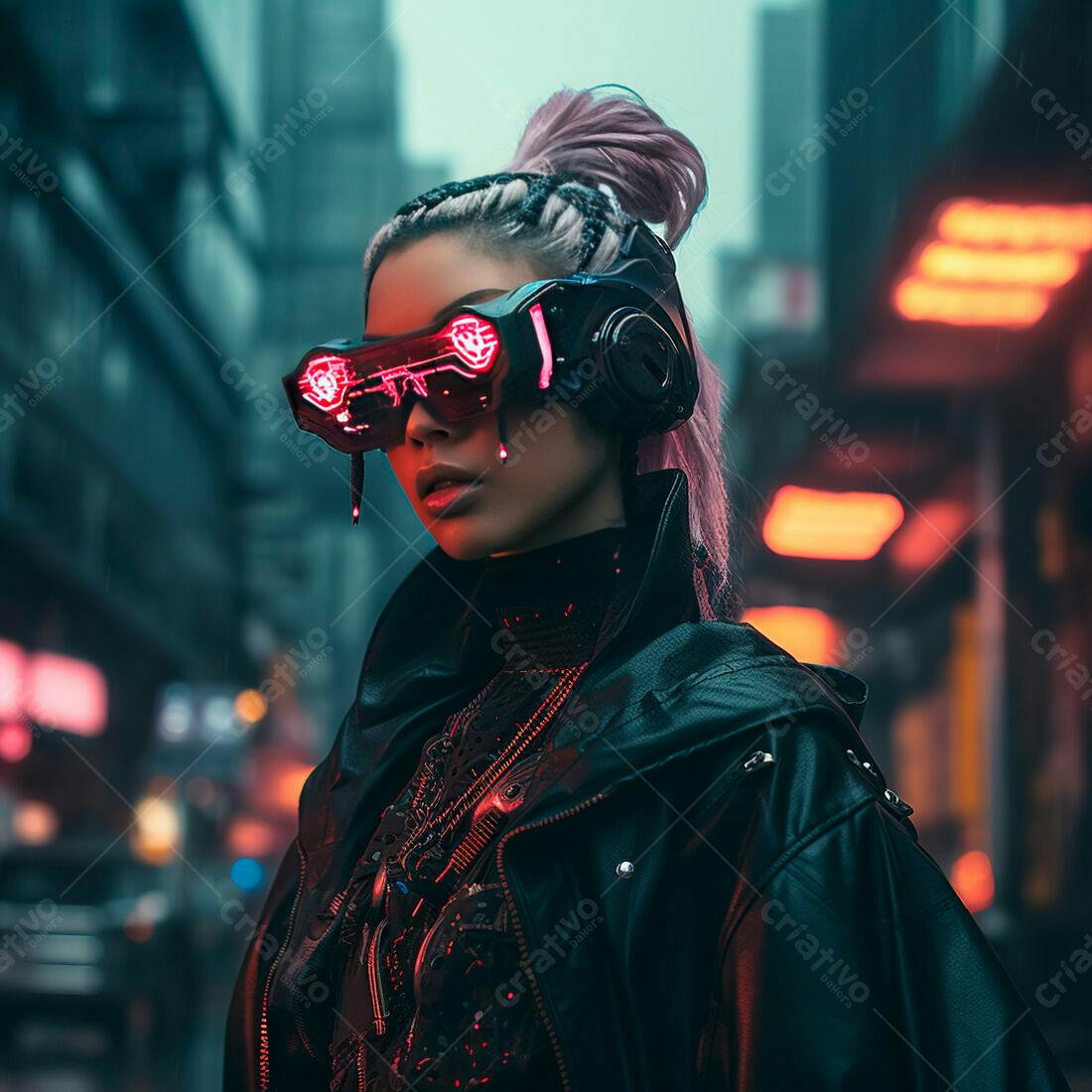 Cyberpunk Mulher com Óculos futuristas em cidade noturna