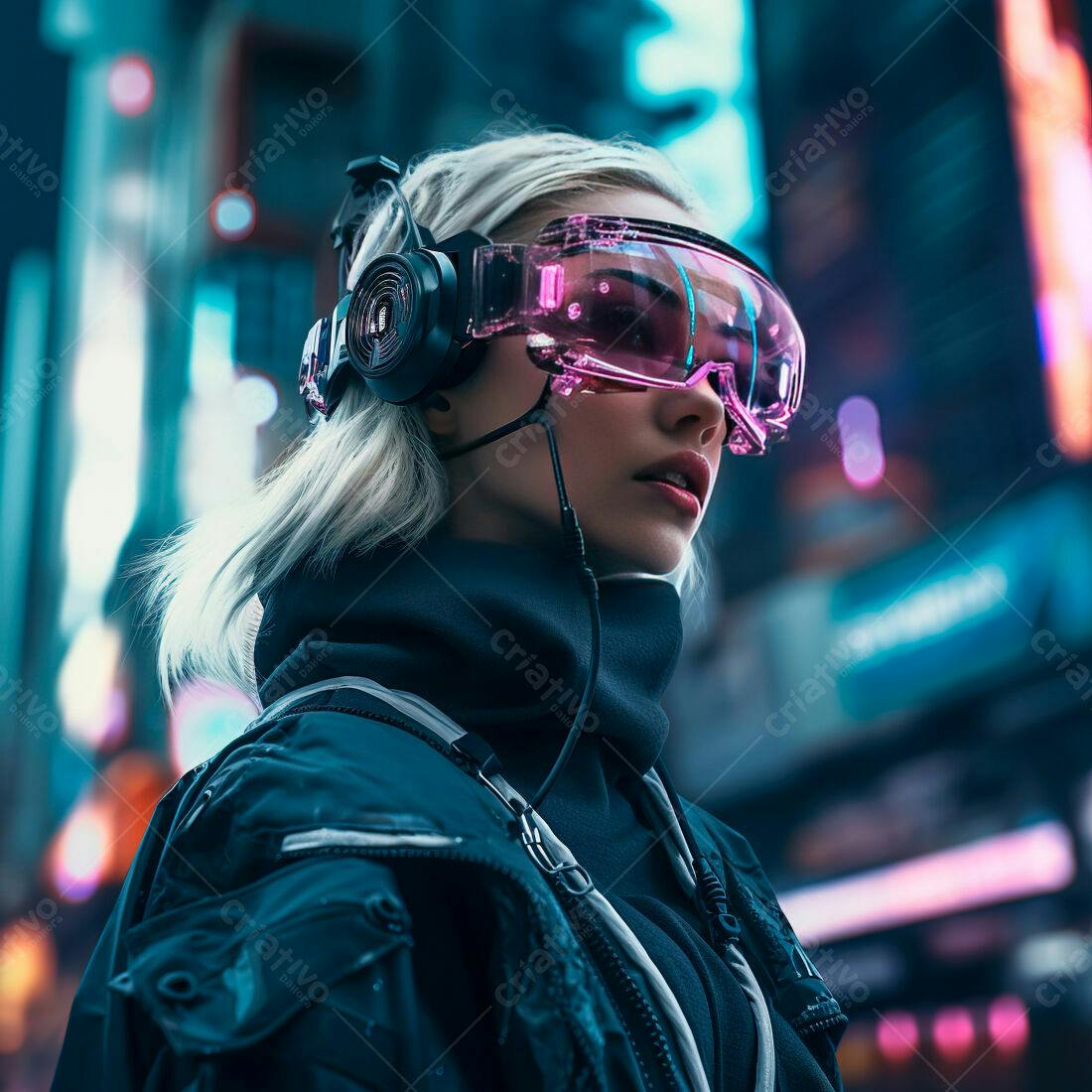 Mulher futurista com óculos rosa em cidade noturna