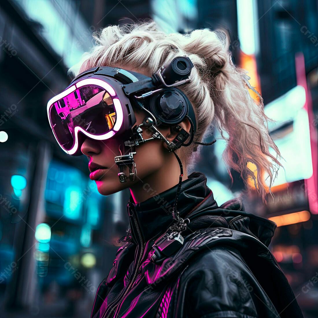 Mulher futurista com óculos neon em cidade noturna