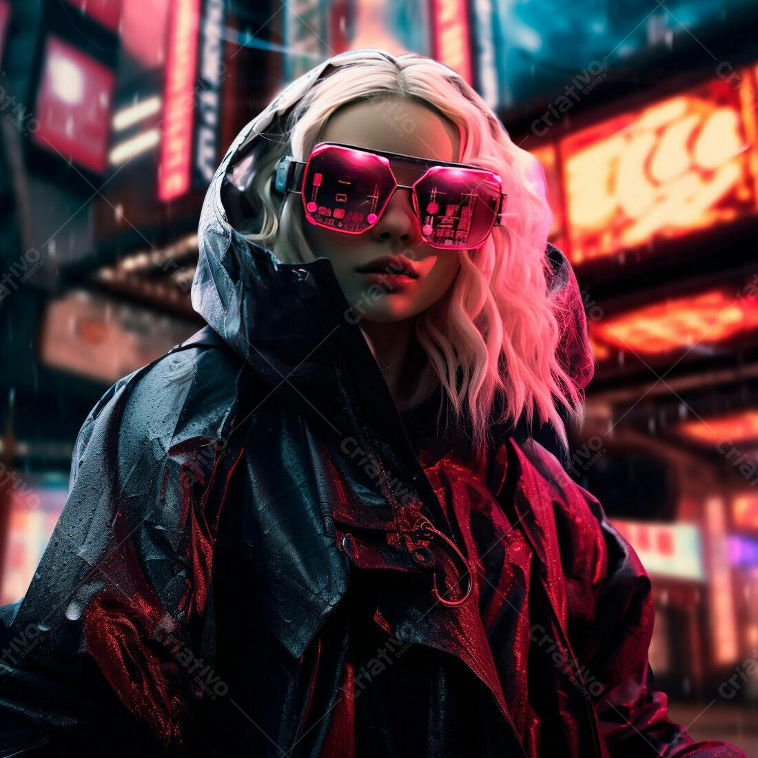 Mulher Cyberpunk em Rua Chuvoso Noturno
