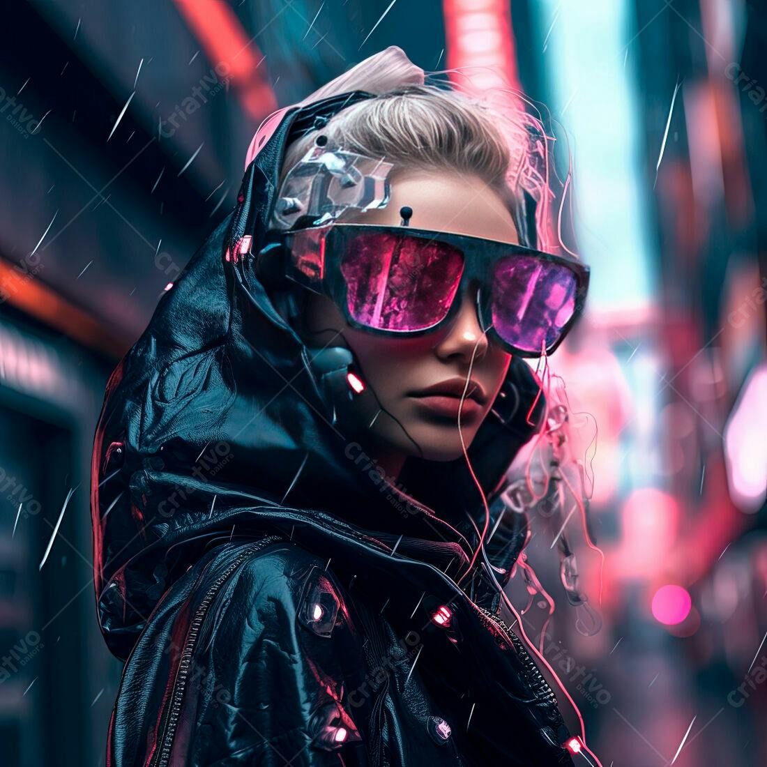 Cyberpunk Mulher com Óculos Rosa em Chuva