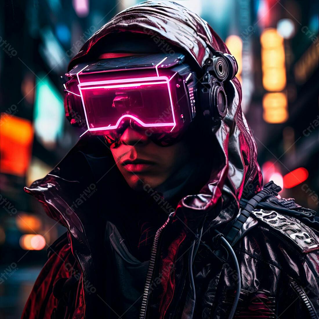 Cyberpunk Homem com Óculos Neon em Cidade Noturna