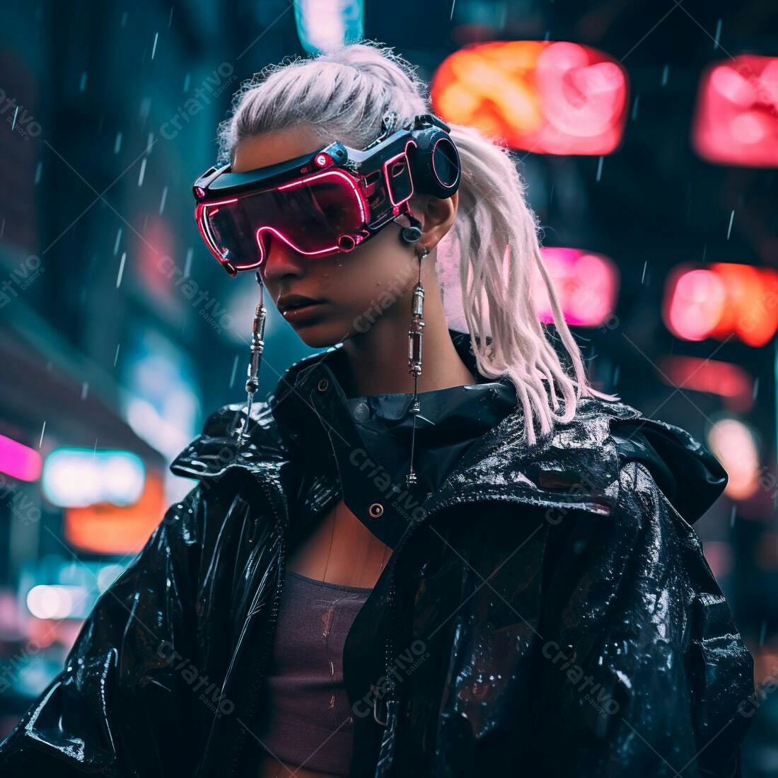 Cyberpunk mulher na chuva com óculos futuristas