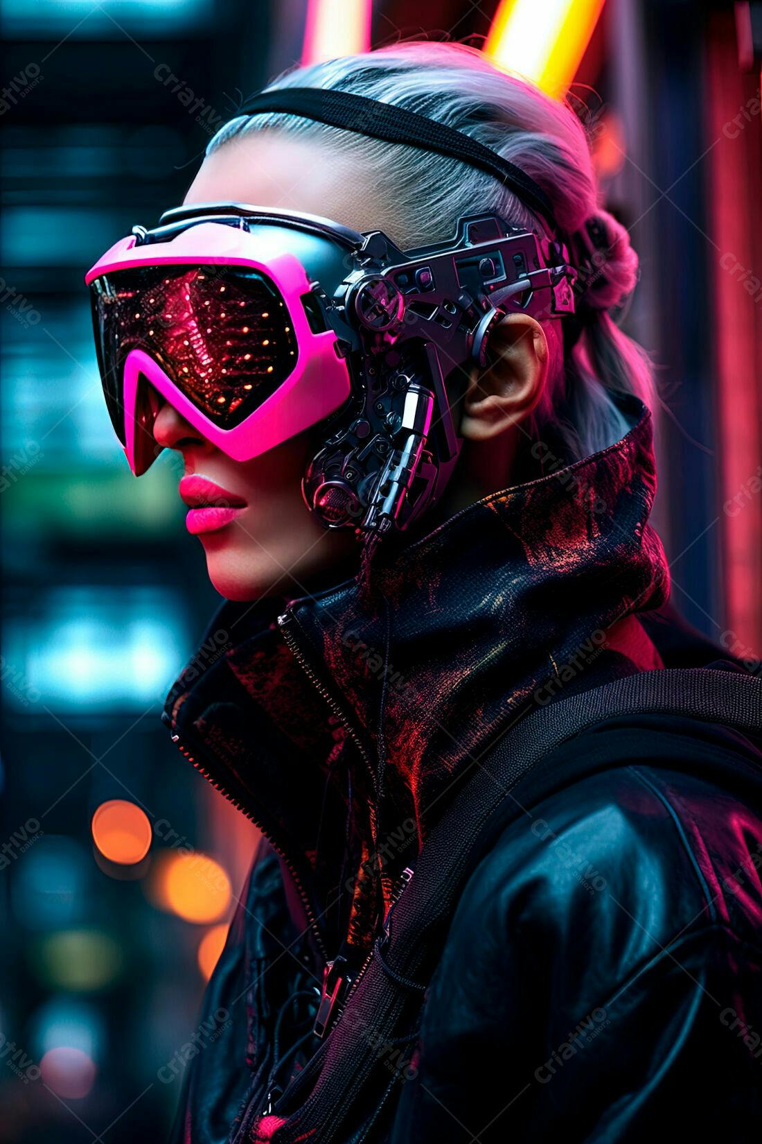 Mulher Cyberpunk com óculos futuristas rosa