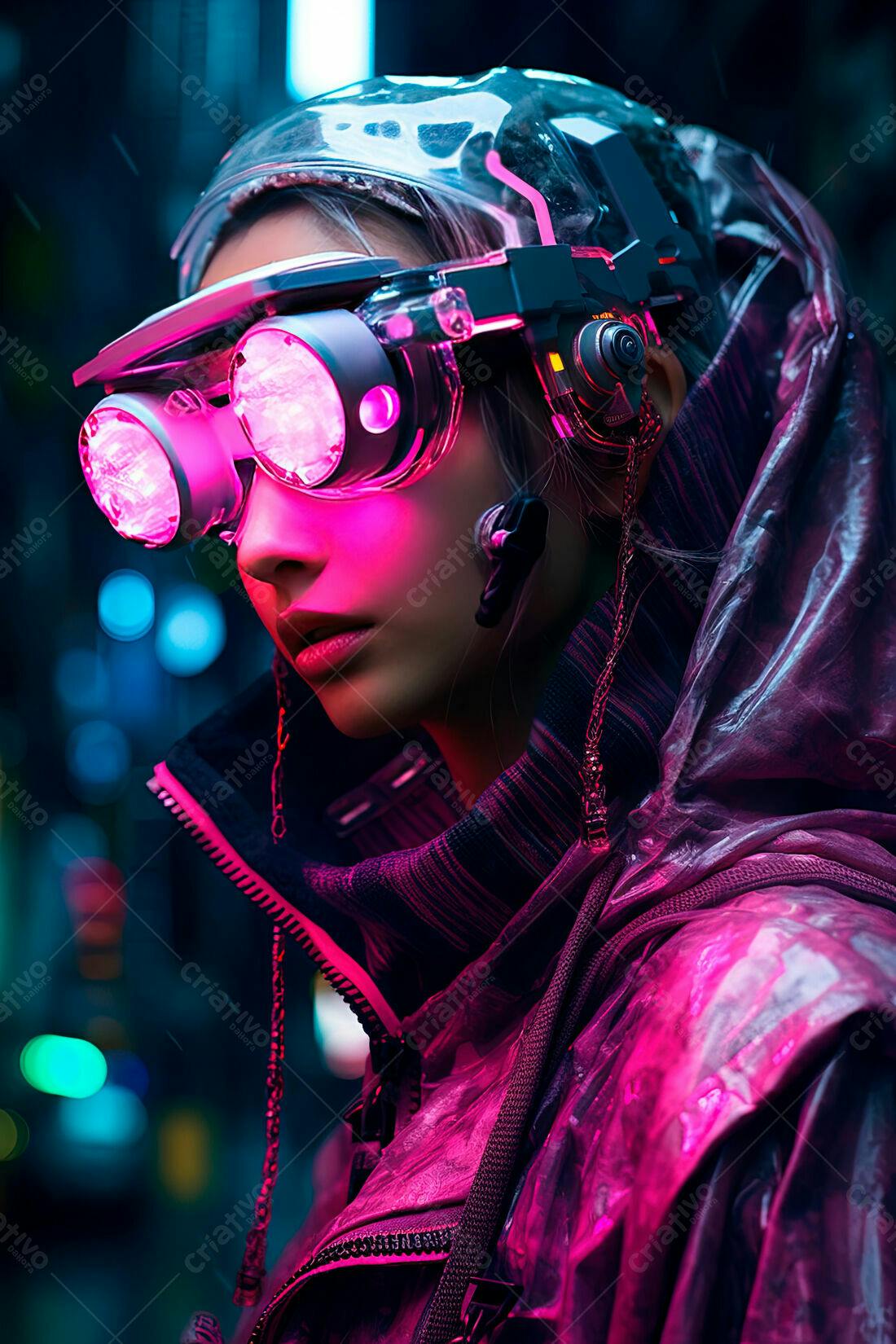 Mulher futurista com óculos neon em cidade noturna