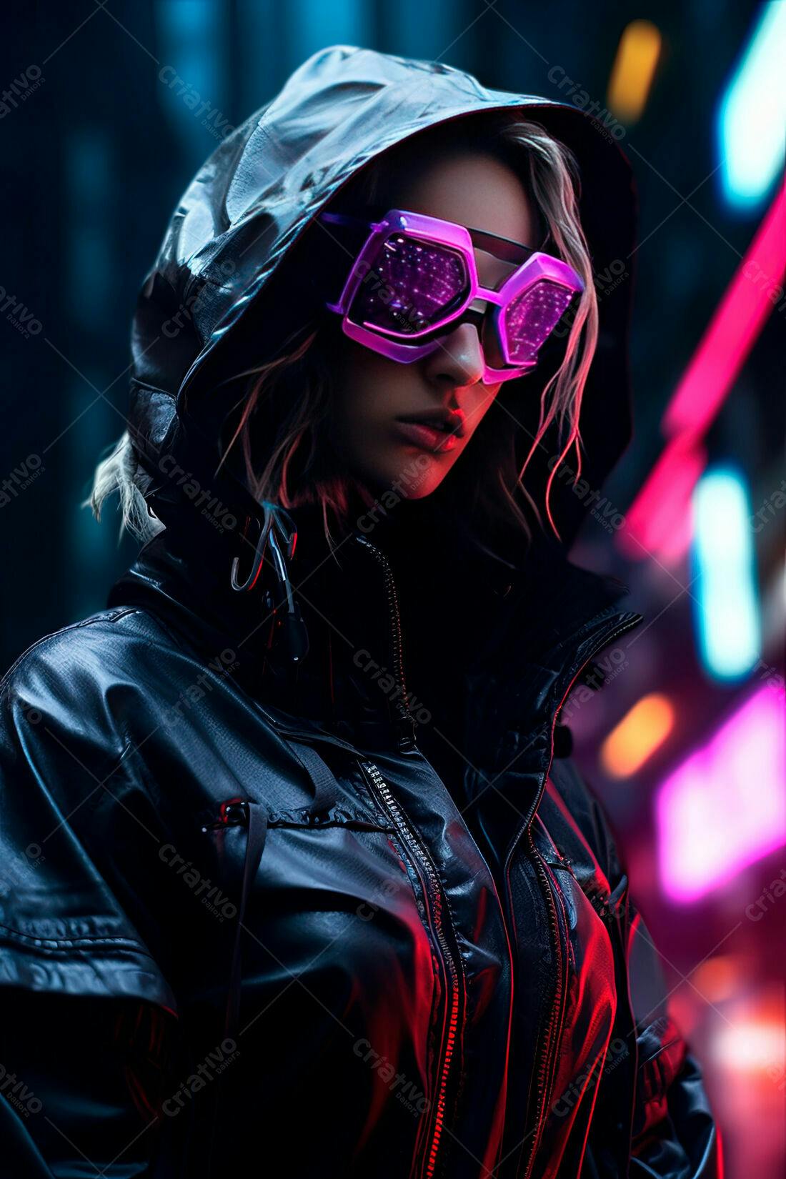Mulher futurista com óculos neon em cidade noturna