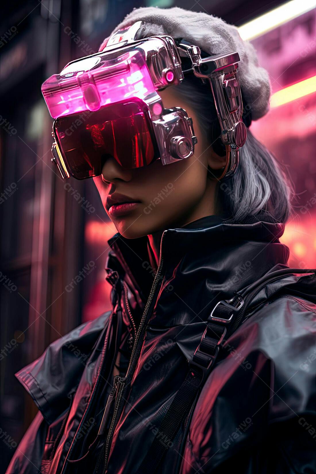 Mulher com óculos futuristas em ambiente cyberpunk