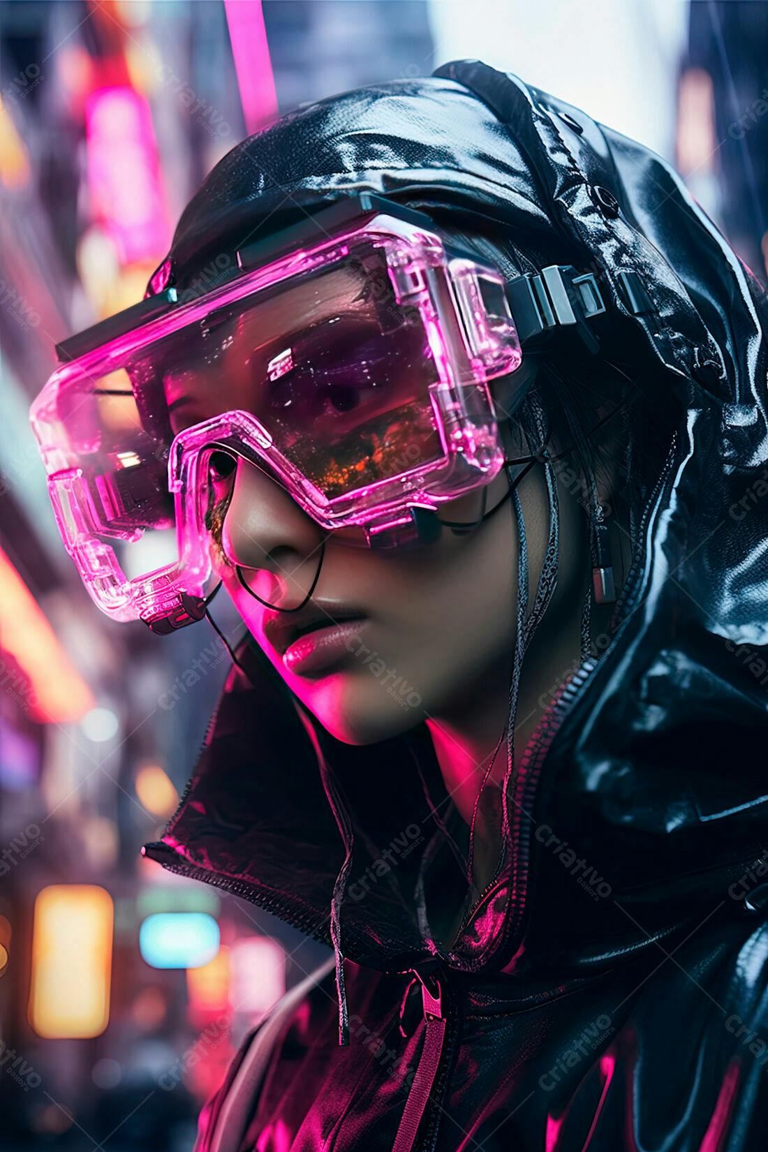 Mulher Cyberpunk com Óculos Rosa em Cidade Noturna