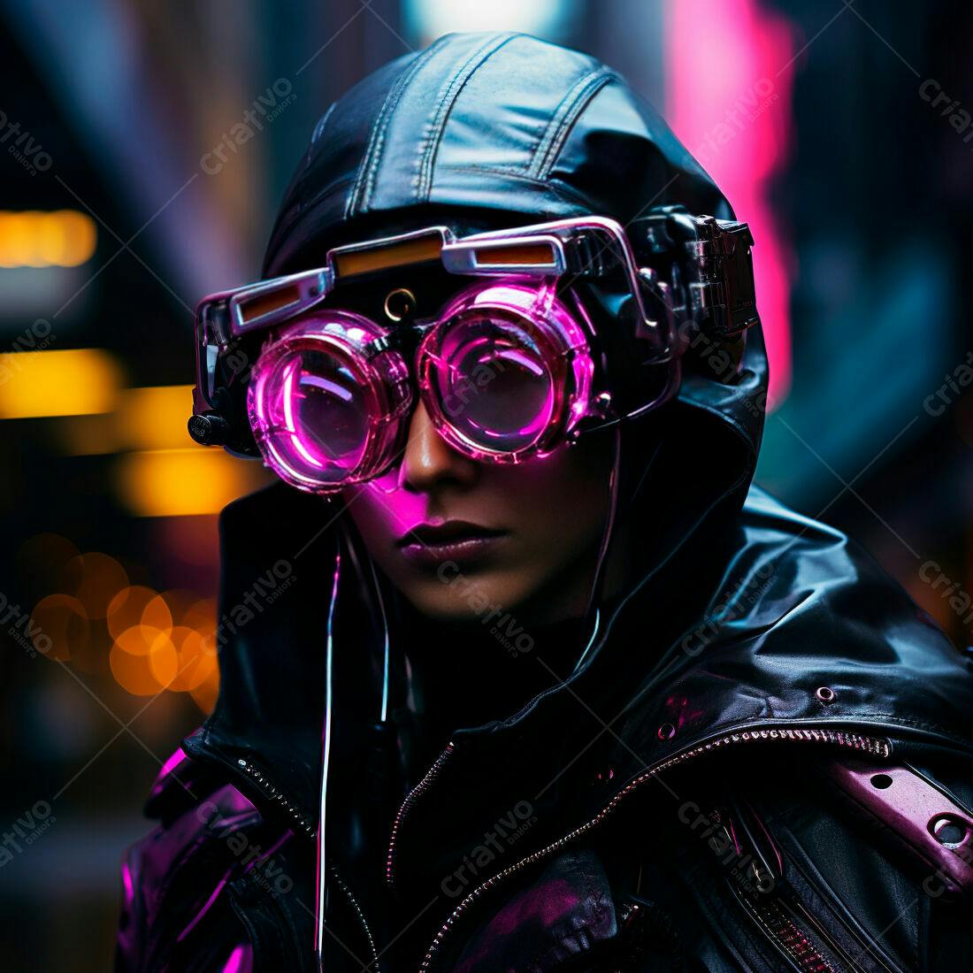 Mulher futurista com óculos neon em cidade noturna