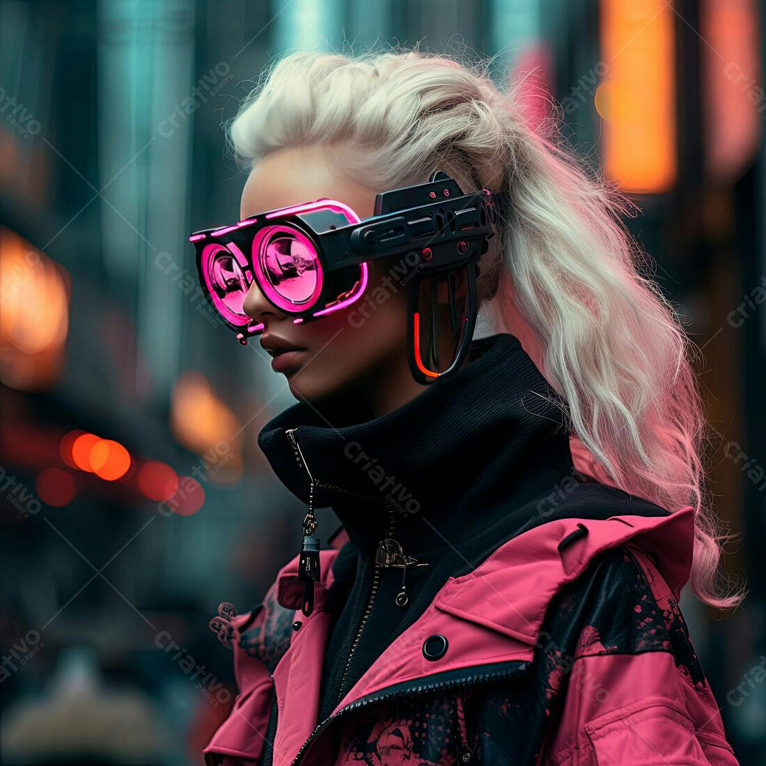 Mulher futurista com óculos neon rosa