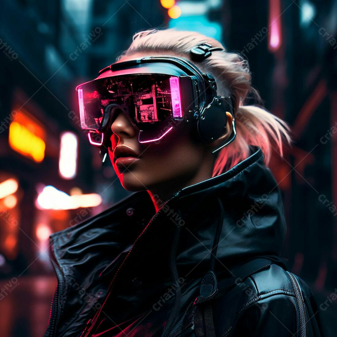 Mulher futurista com óculos neon em cidade noturna
