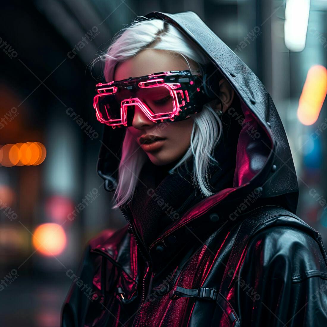 Mulher futurista com óculos neon em cidade noturna
