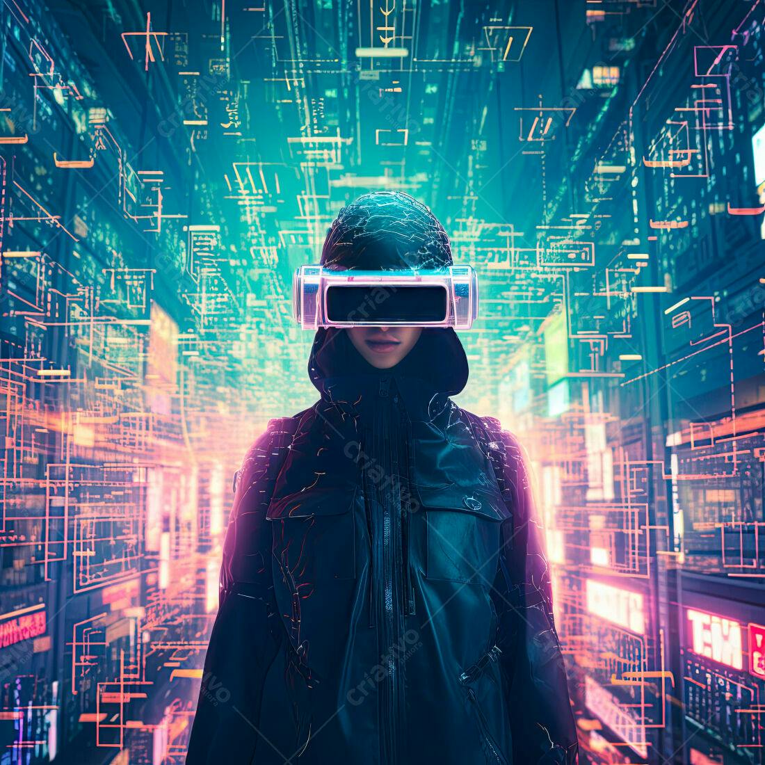Mulher com óculos VR em cenário cyberpunk