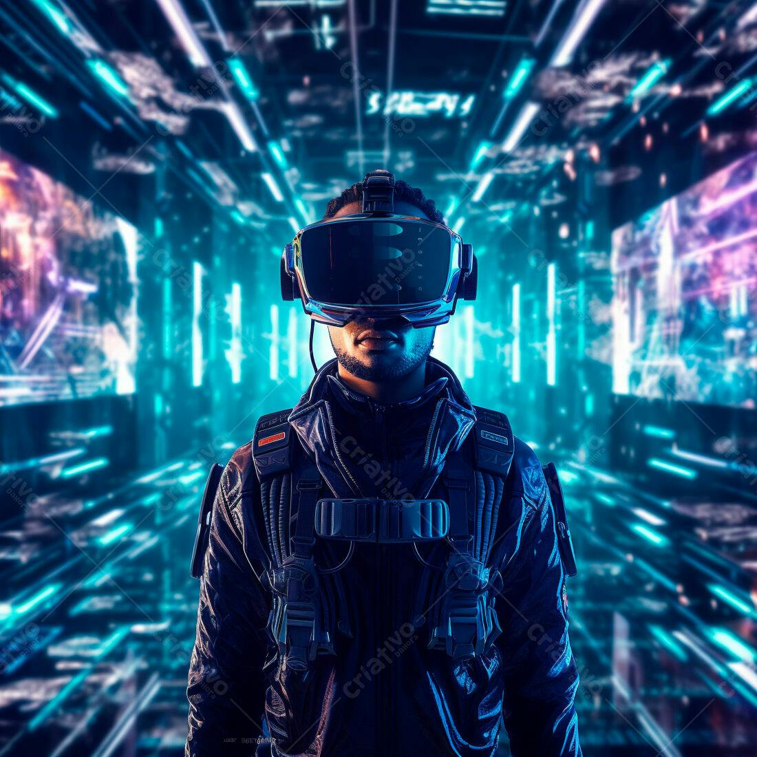Homem usando óculos de realidade virtual em ambiente futurista