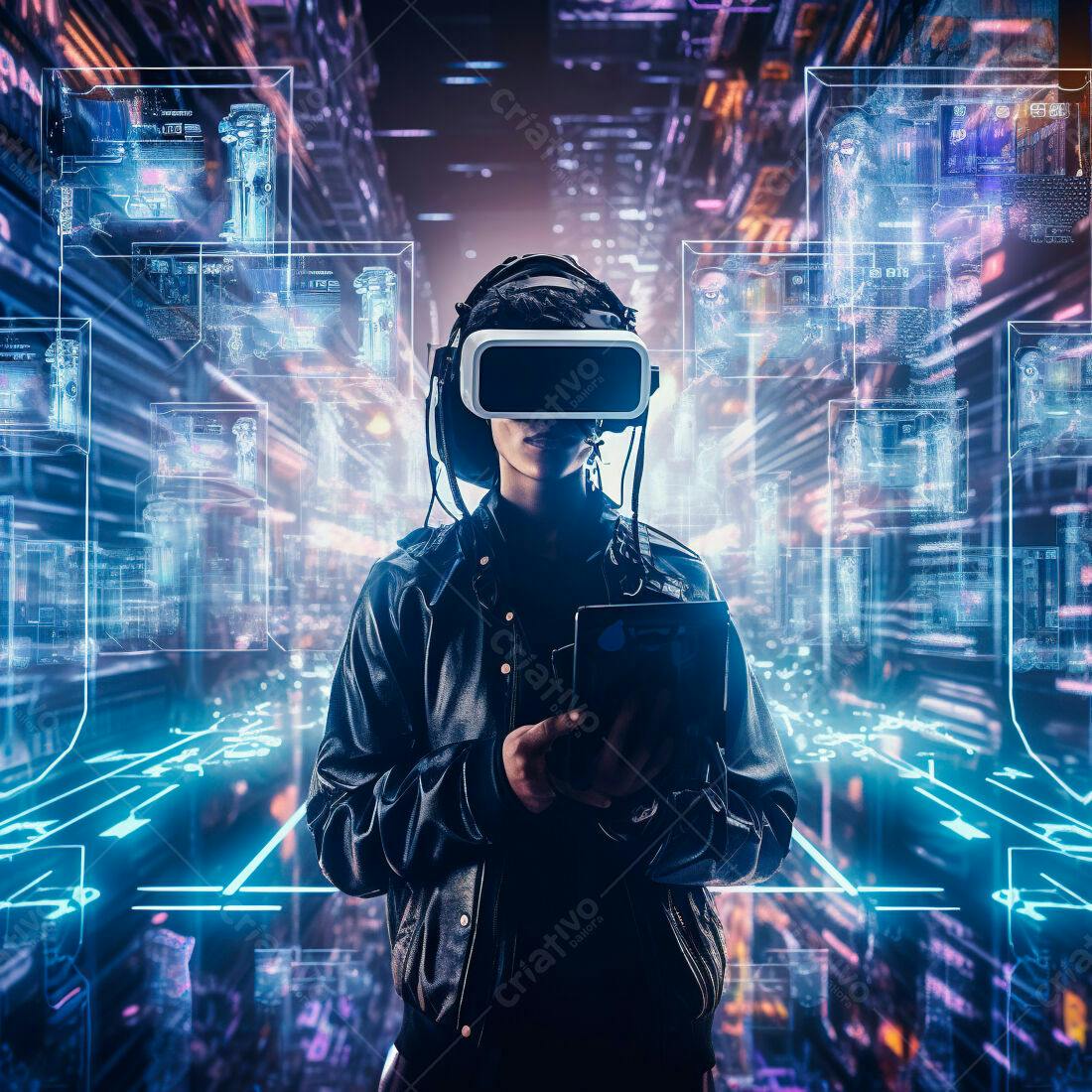 Pessoa usando óculos VR em cenário futurista