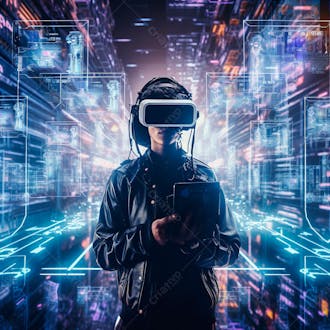 Foto de hacker usando dispositivo de realidade virtual jogando no mundo digital criado com tecnologia generativa de ia