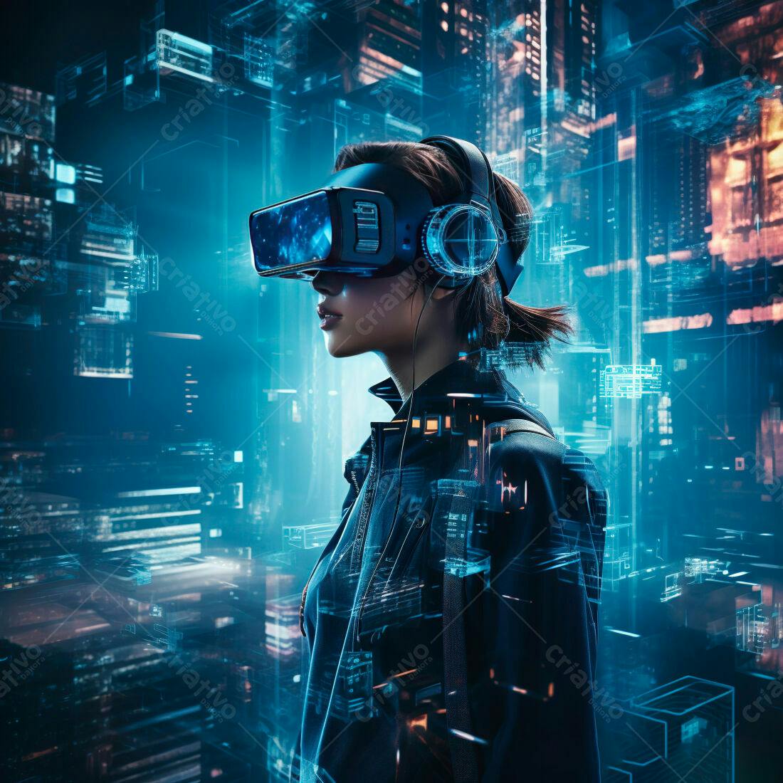 Mulher usando óculos VR em cenário futurista
