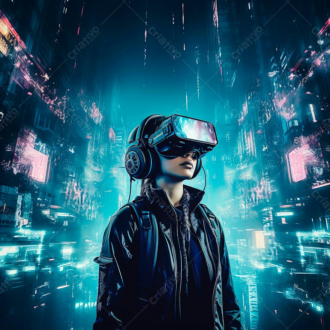Mulher usando óculos VR em cidade cyberpunk