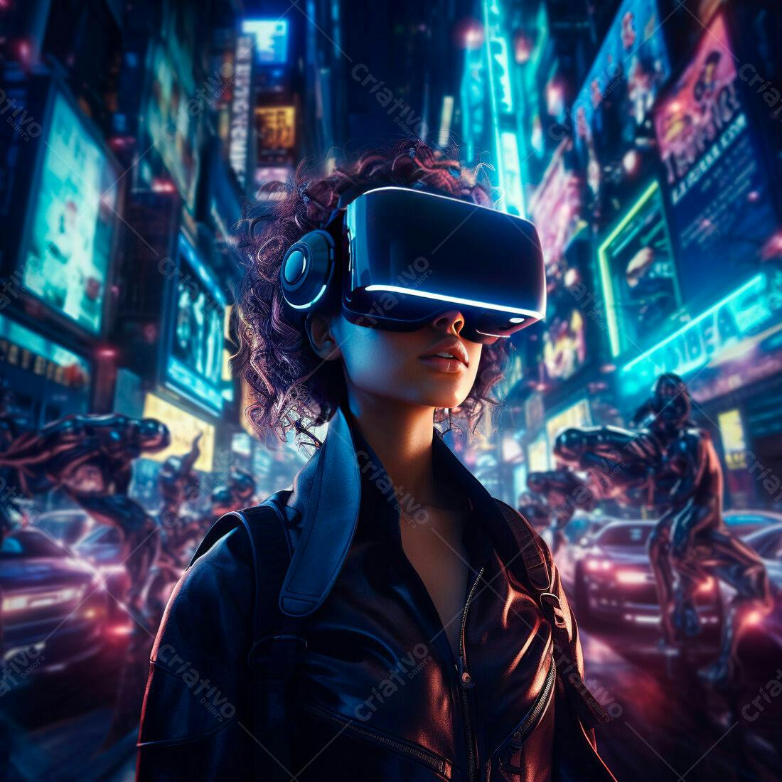 Mulher com óculos VR em cidade futurista