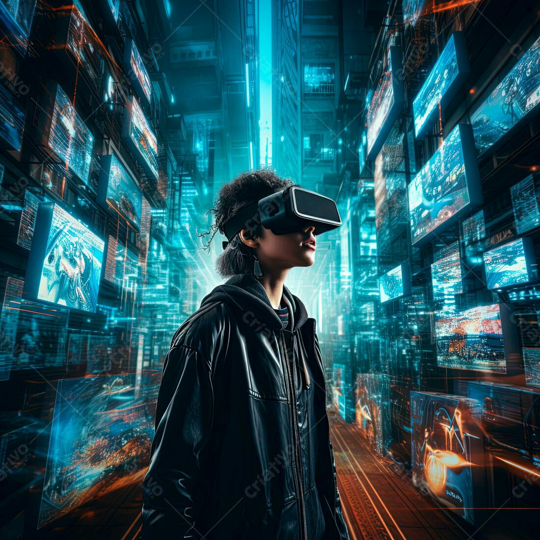 Jovem usando óculos VR em cidade futurista
