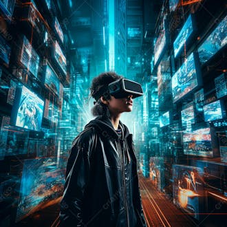 Foto de hacker usando dispositivo de realidade virtual jogando no mundo digital criado com tecnologia generativa de ia