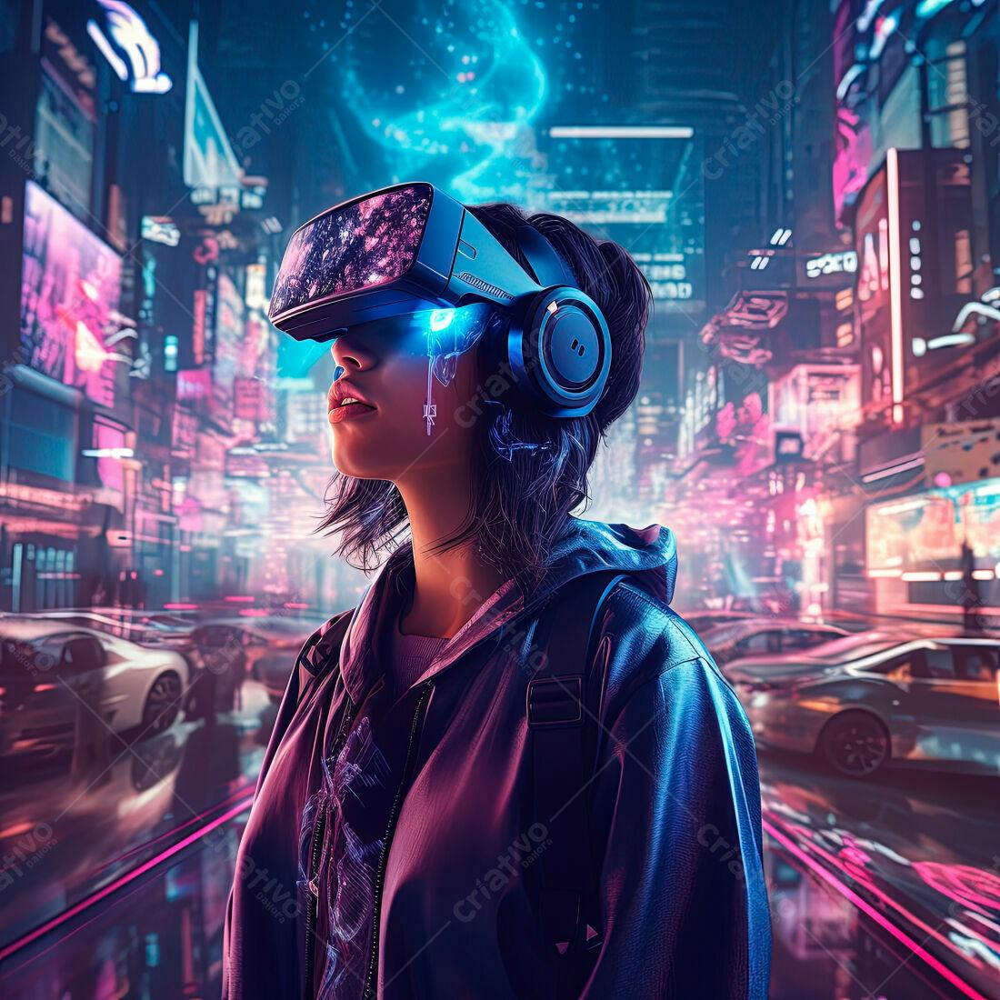 Mulher usando óculos VR em cidade futurista