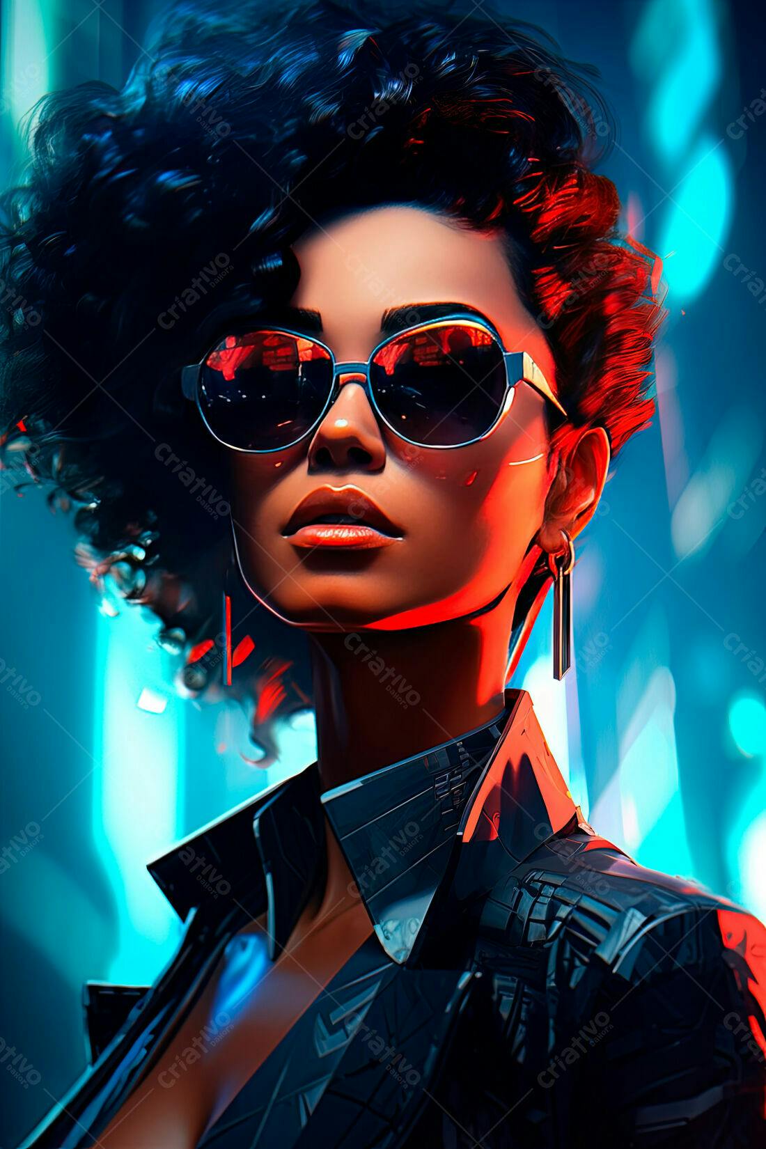 Mulher estilosa com óculos escuros em cenário cyberpunk