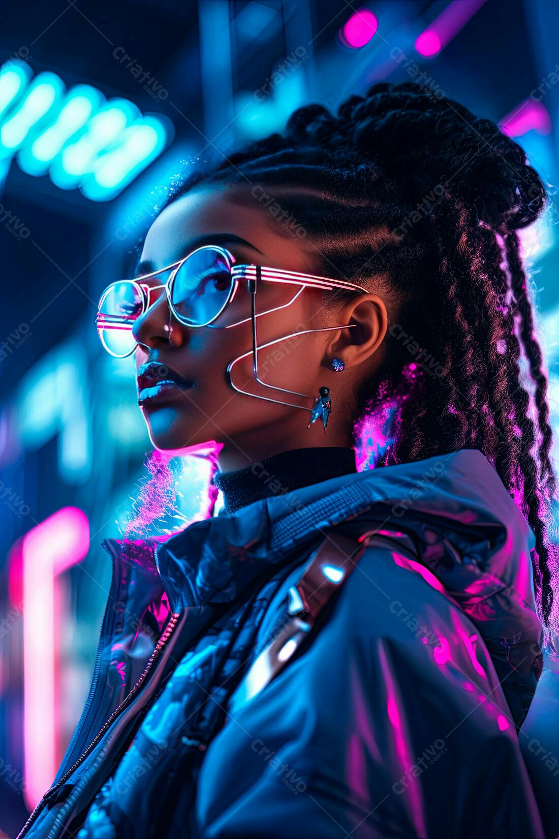 Mulher negra estilo cyberpunk em cenário noturno