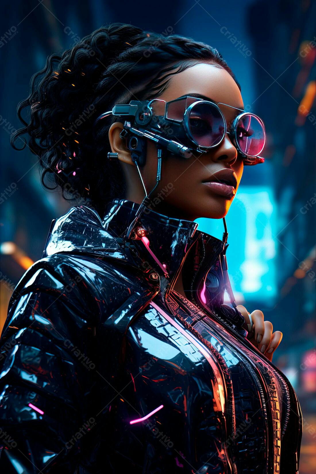 Mulher negra cyberpunk futurista em cidade noturna