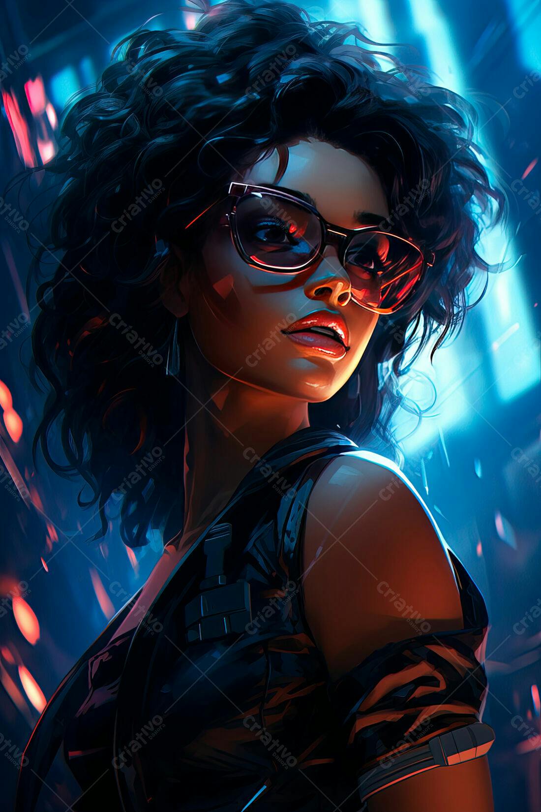 Mulher com óculos escuros em cenário cyberpunk