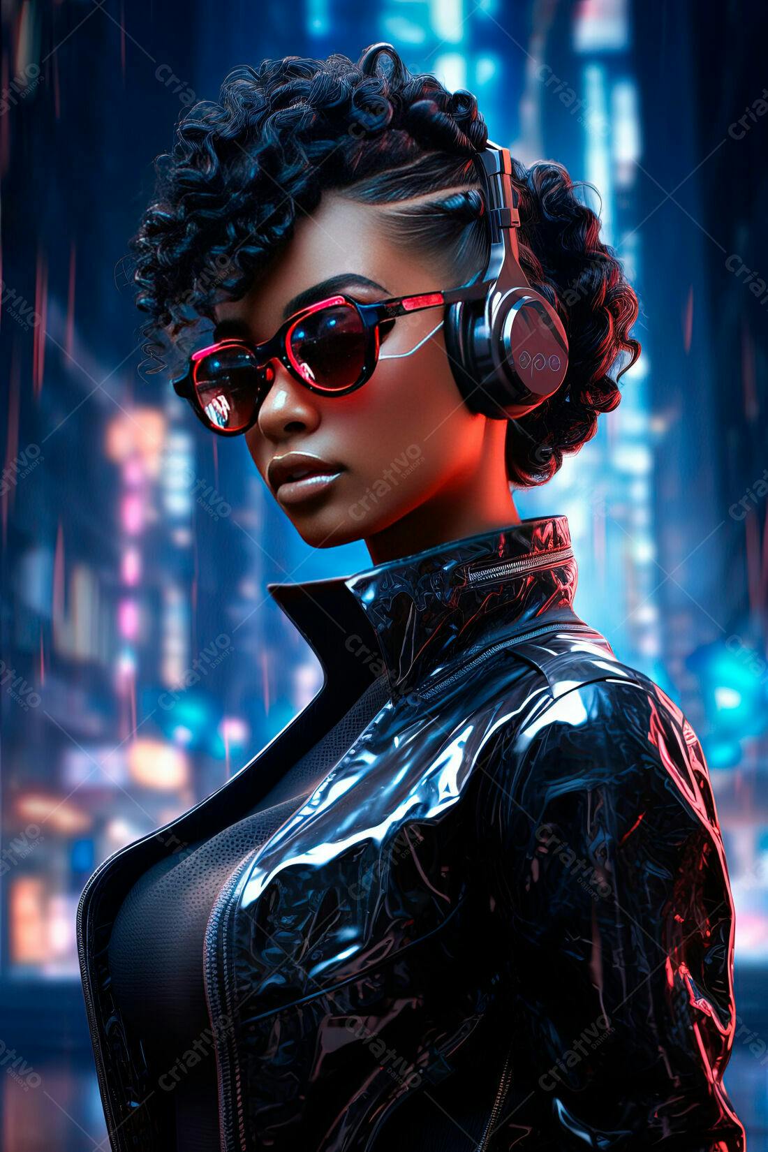 Mulher negra com óculos e fones em cidade futurista