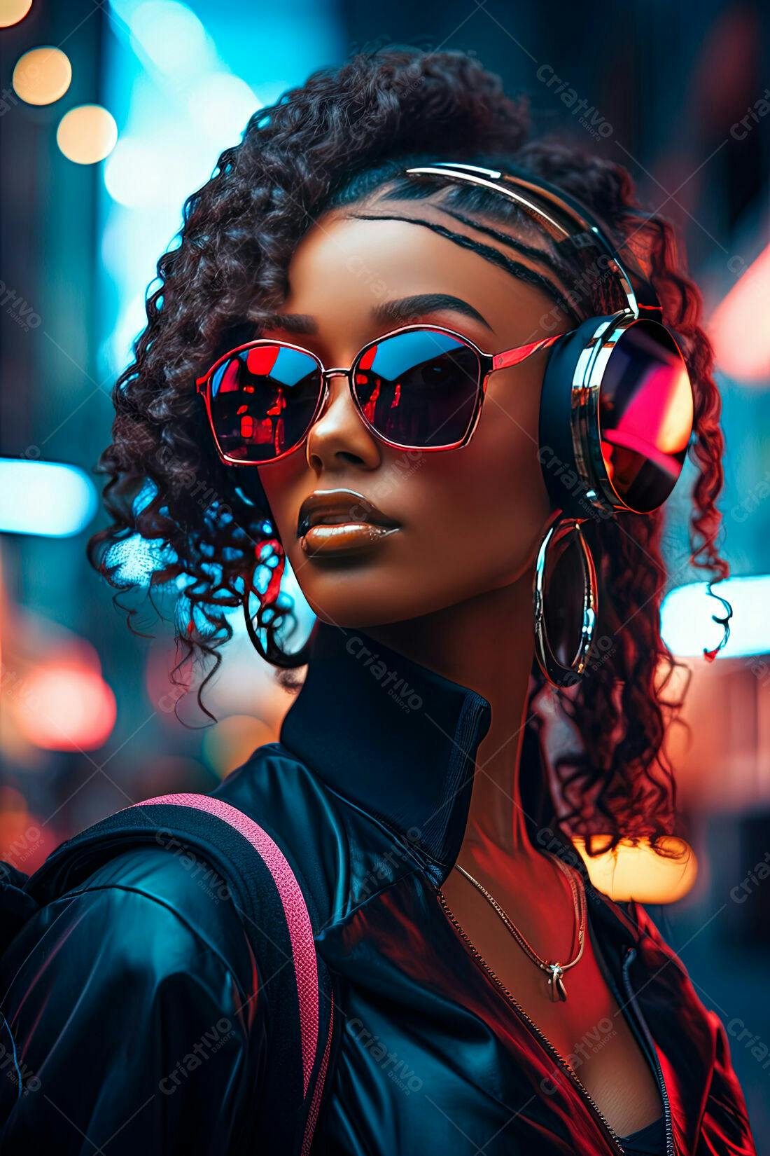 Mulher Negra com Óculos e Fones de Ouvido em Cidade Noturna