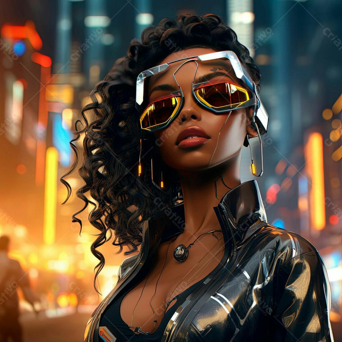 Mulher negra futurista óculos escuros cidade noturna