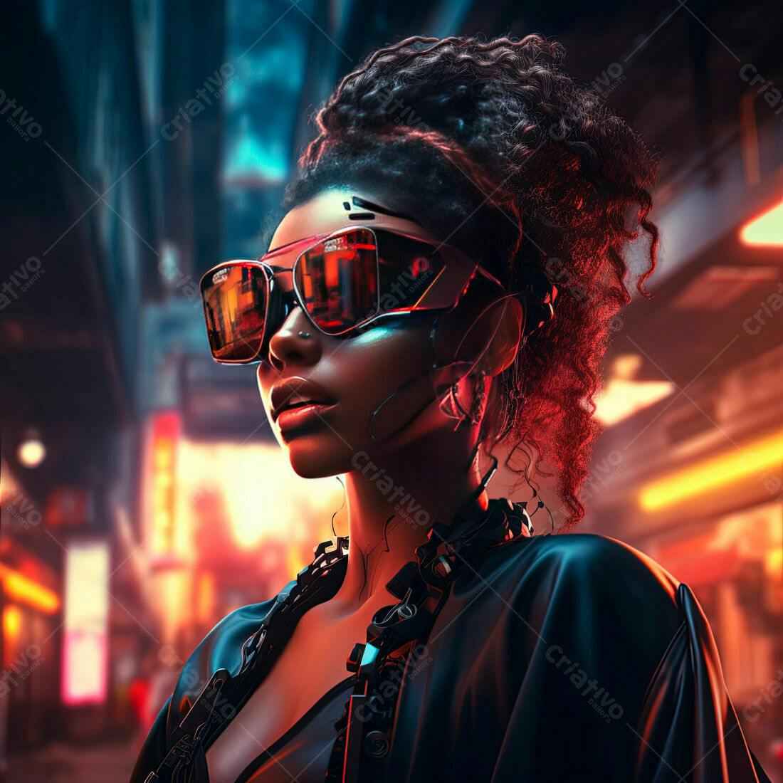 Mulher Cyberpunk em Cidade Noturna