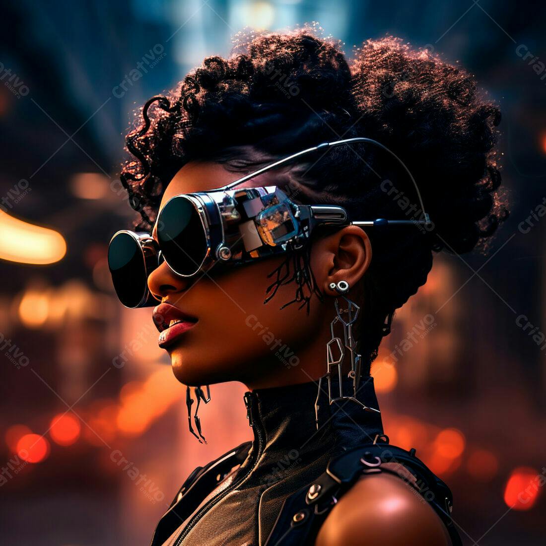 Mulher negra futurista com óculos cyberpunk