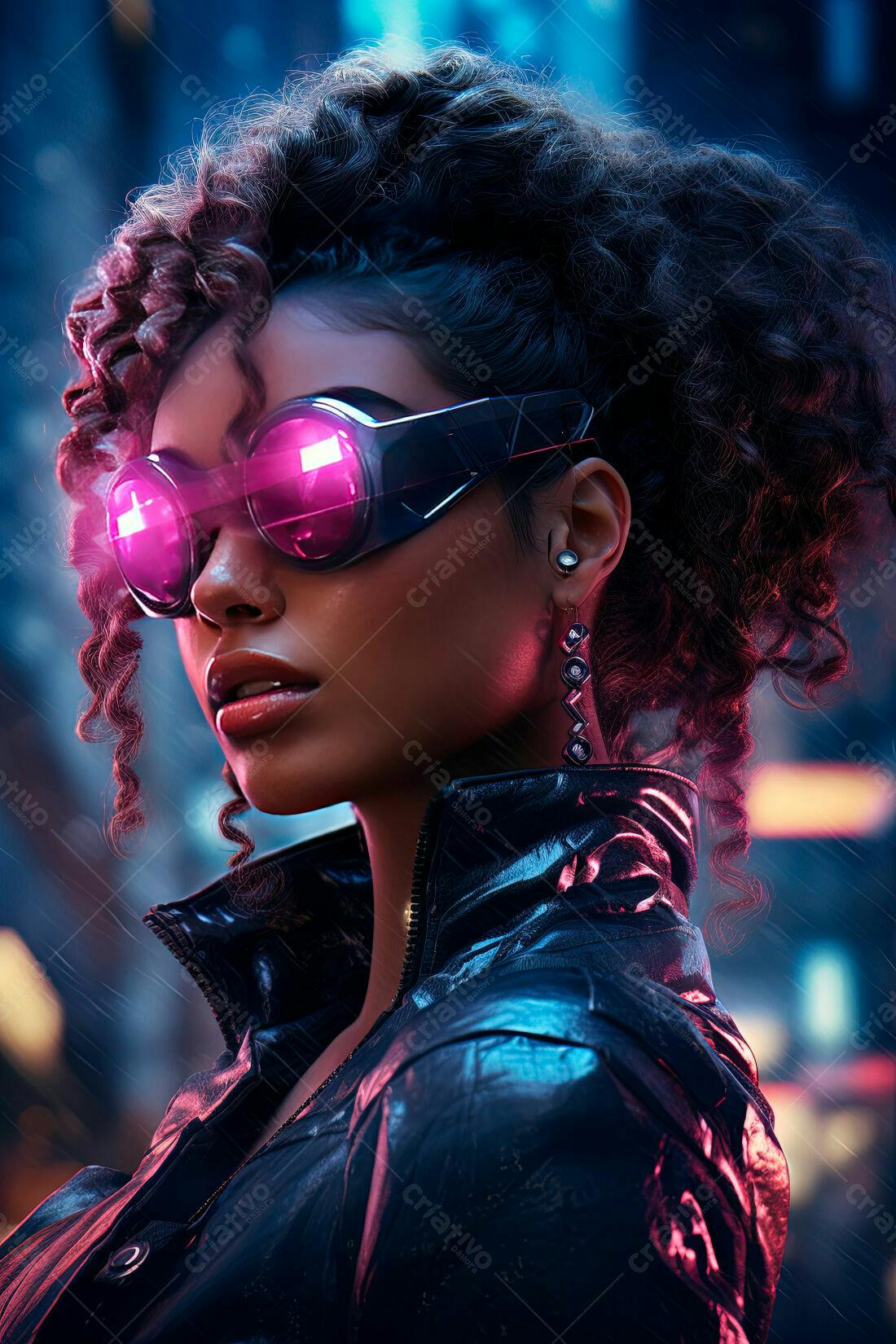 Mulher futurista com óculos neon em cidade noturna