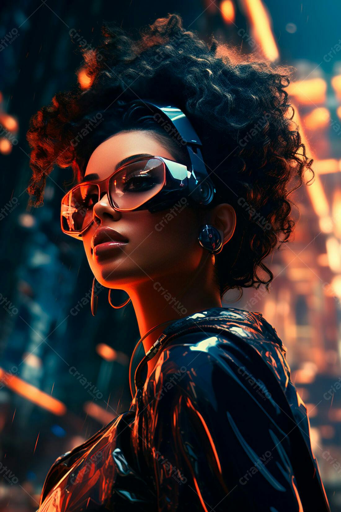 Mulher negra futurista com óculos e jaqueta