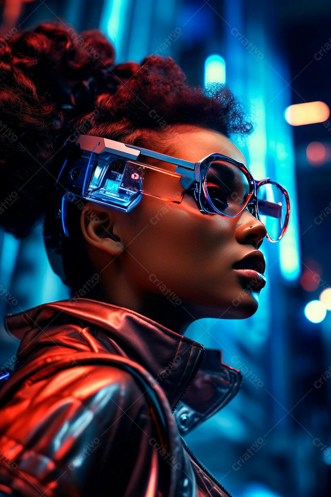 Mulher negra futurista com óculos inteligentes