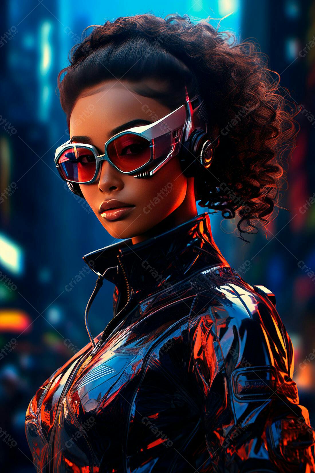 Mulher negra futurista em cidade noturna