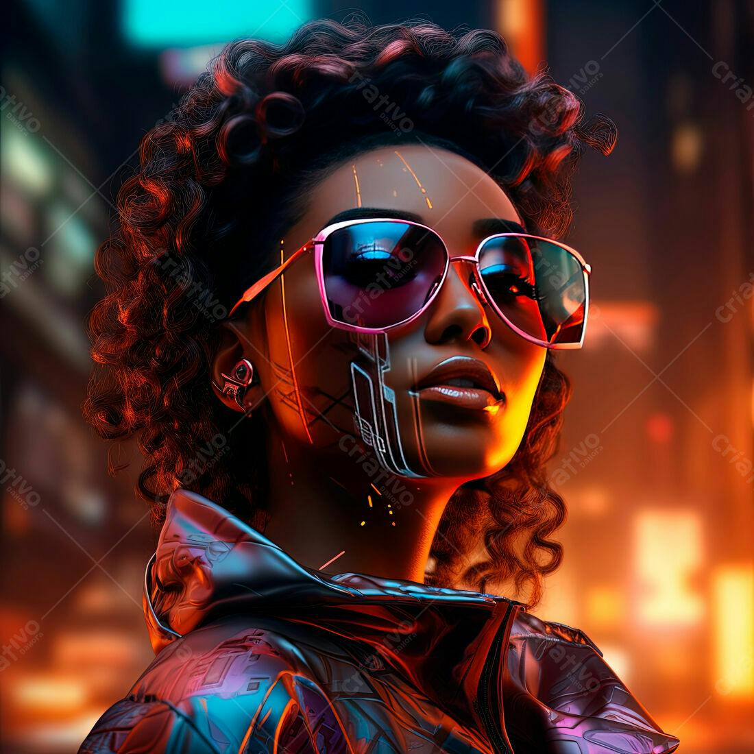 Mulher negra futurista com óculos neon