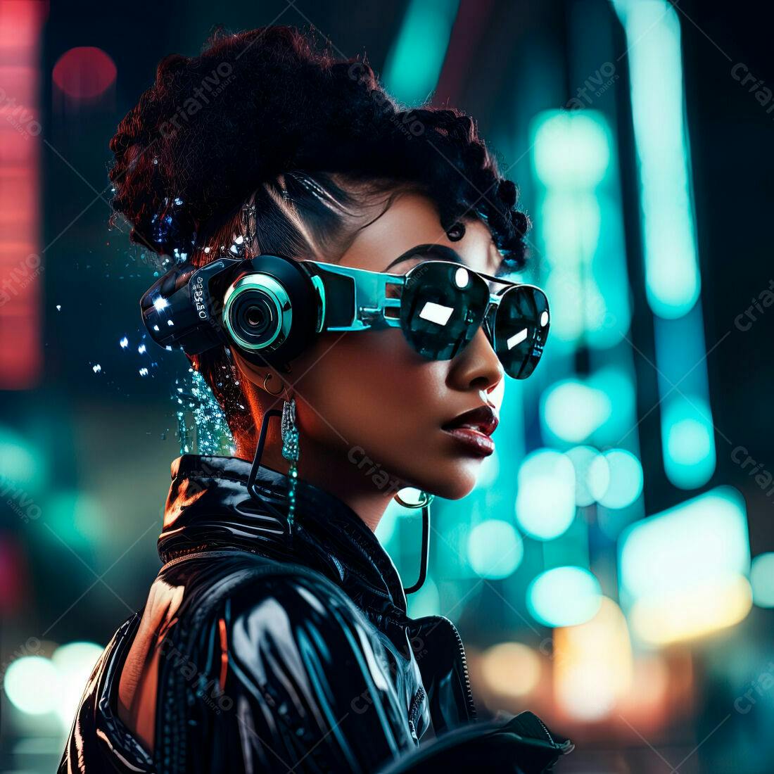 Mulher negra futurista com óculos tecnológicos