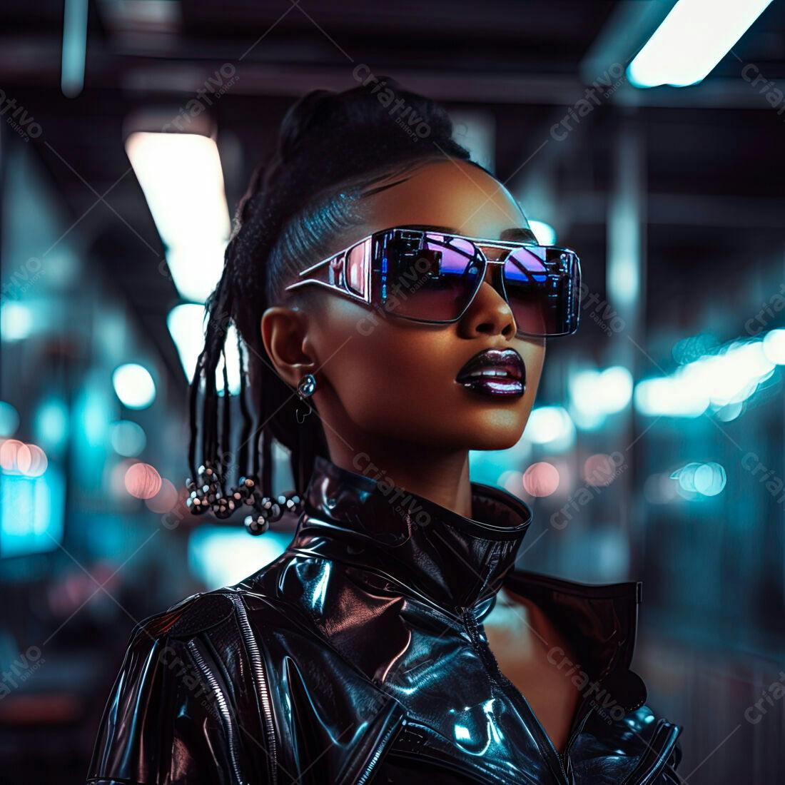 Modelo negra usando óculos escuros futuristas