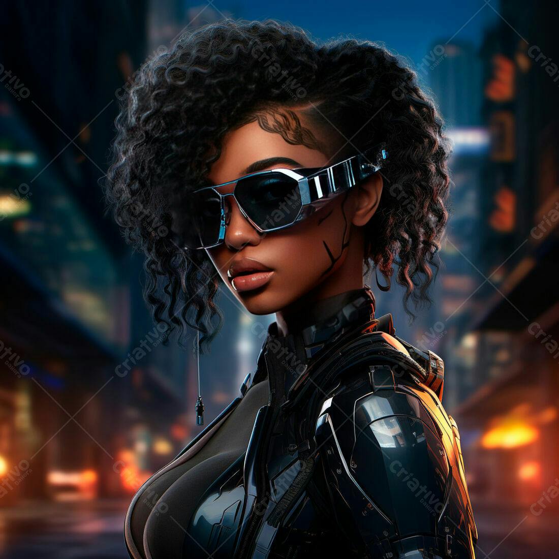 Mulher negra futurista com óculos escuros em cidade noturna