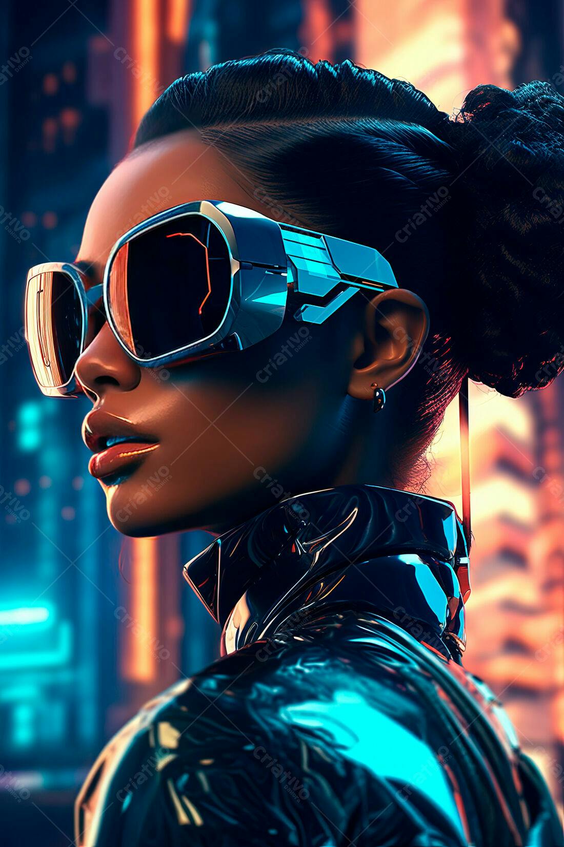 Modelo usando óculos futuristas em cidade noturna