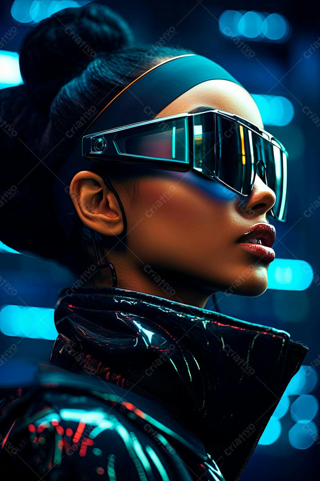 Mulher futurista óculos cyberpunk cores vibrantes