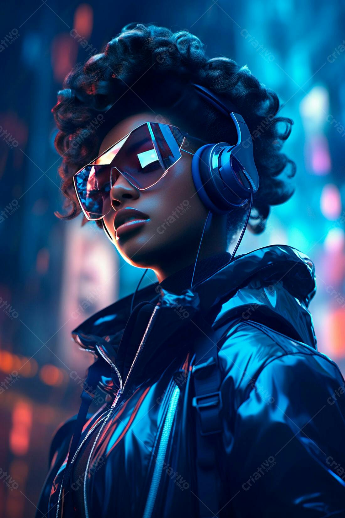 Mulher com fones escuros em ambiente urbano noturno