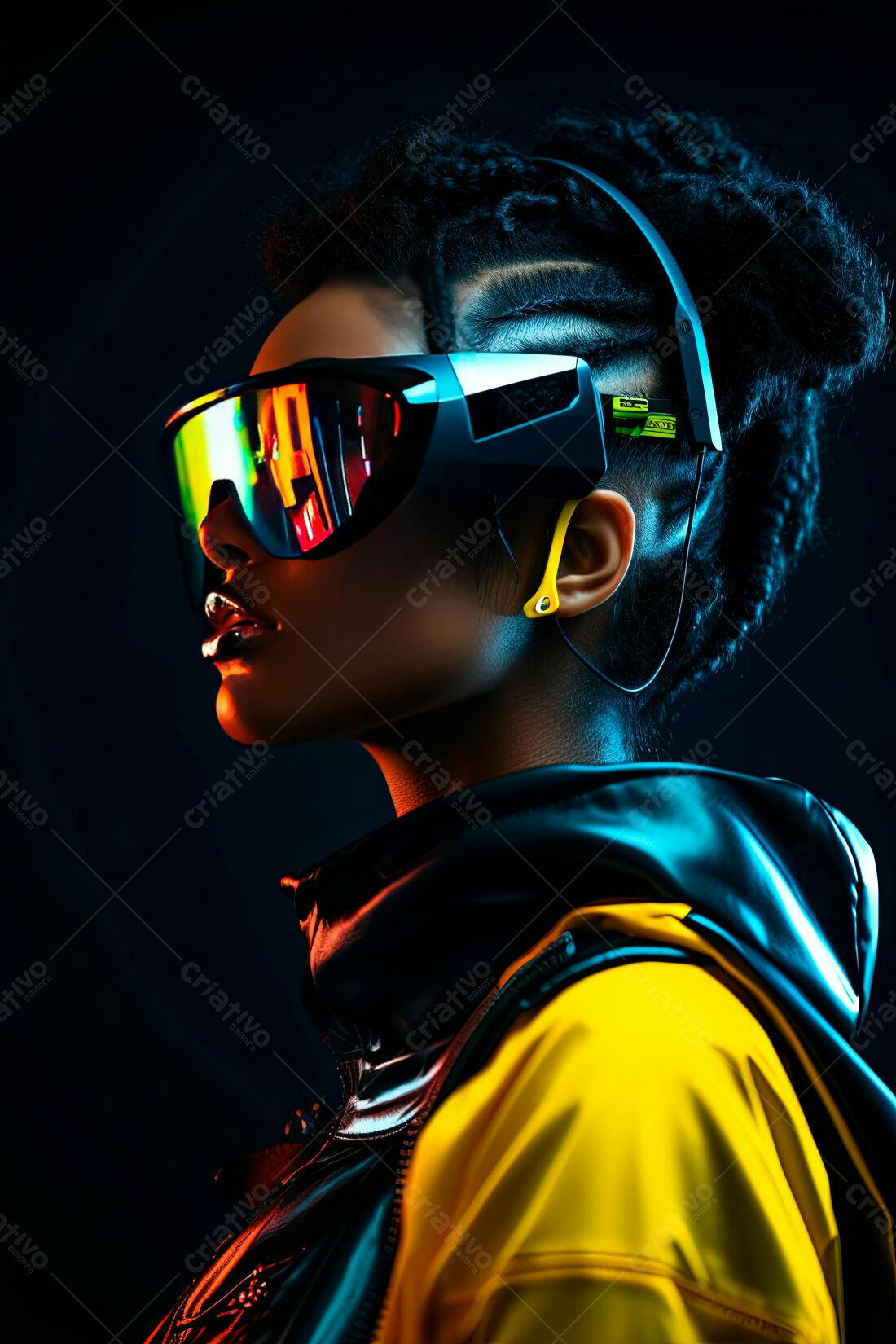 Mulher negra futurista com óculos VR