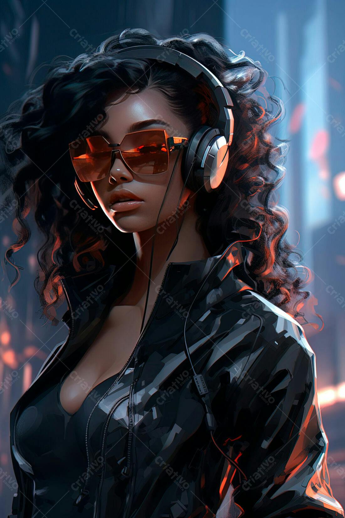 Mulher com fones escuros e óculos laranja