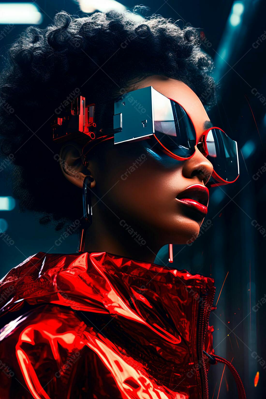 Modelo usando óculos futuristas vermelhos